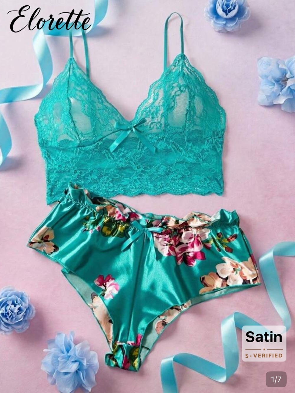Turquoise Lace Bralette Satin Floral Brief Set elorette 10 XL nwt - Picture 4 of 5